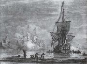 Monamy, Peter, Calm scene of a yacht offshore with another ship firing a salute